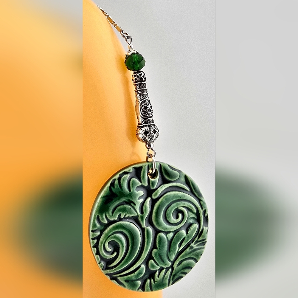 Handmade Kiln Fired Green Ceramic Beaded Christmas Ornament with Silver Chain
